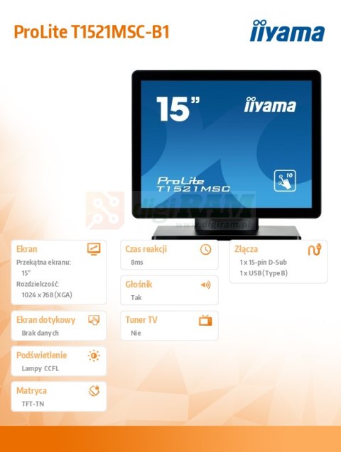Monitor 15 T1521MSC-B1 POJEMNOŚCIOWY 10PKT.,TN,7H Monitor 15 T1521MSC-B1 POJEMNOŚCIOWY 10PKT.,TN,7H