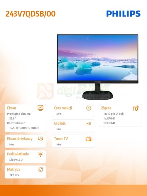 Monitor 23.8 243V7QDSB IPS DVI HDMI Czarny Monitor 23.8 243V7QDSB IPS DVI HDMI Czarny