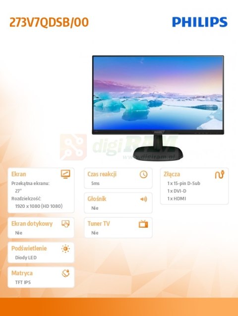 Monitor 27 273V7QDSB IPS DVI HDMI Czarny Monitor 27 273V7QDSB IPS DVI HDMI Czarny