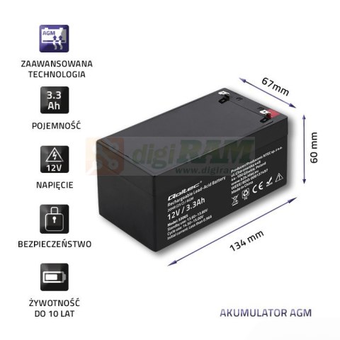 Akumulator AGM | 12V | 3.3Ah | max. 49.5A Akumulator AGM | 12V | 3.3Ah | max. 49.5A