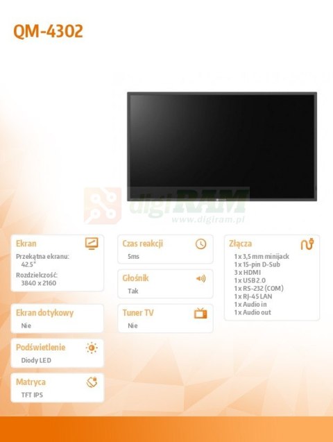 Monitor wielkoformatowy QM-4302 CZARNY 43 cale Monitor wielkoformatowy QM-4302 CZARNY 43 cale