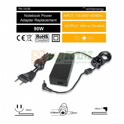 Zasilacz 19V | 4.74A 90W wtyk 5.5*2.5mm (04136) Zasilacz 19V | 4.74A 90W wtyk 5.5*2.5mm (04136)