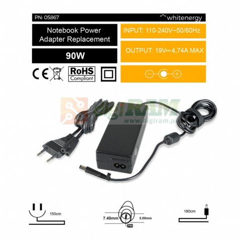 Zasilacz 19V | 4.74A 90W wtyk 7.4*5.0 mm + pin HP Compaq (05867) Zasilacz 19V | 4.74A 90W wtyk 7.4*5.0 mm + pin HP Compaq (05867)