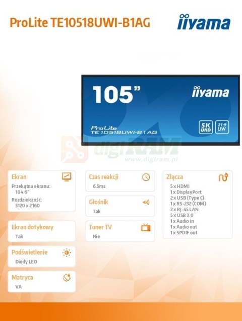 Monitor wielkoformatowy 104.6 cala TE10518UWI-B1AG INFRARED,40pkt,VA,21:9(5K),8xUSB, 8xMIC,2x16W+Subwoofer(16W),Android 13,WiFi,