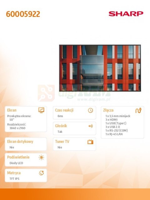 Monitor wielkoformatowy MultiSync ME502 50' 450cd/m2 18/7 Monitor wielkoformatowy MultiSync ME502 50' 450cd/m2 18/7