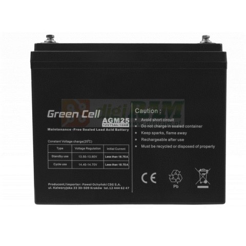 GREEN CELL AKUMULATOR ŻELOWY AGM25 12V 75AH