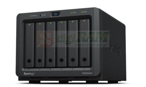 NAS Synology DS620slim; Tower; 6x (3.5" SATA HDD); Intel Celeron J3355; 2GB DDR4 (max. 6GB), 2x 1GbE RJ-45