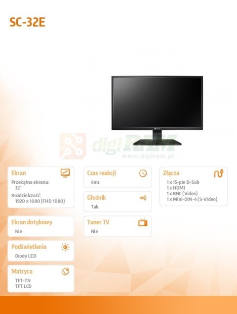 Monitor wielkoformatowy 32 cale SC-32E 300cd/m2 24/7 BNC czarny Monitor wielkoformatowy 32 cale SC-32E 300cd/m2 24/7 BNC czarny