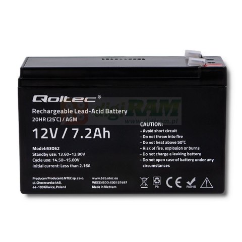 QOLTEC AKUMULATOR AGM 12V | 7.2AH | MAX 108A