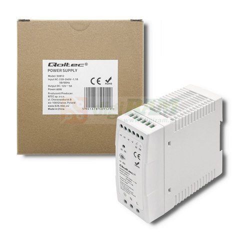 Qoltec Zasilacz na szynę DIN | 60W | 12V | 5A | Biały | Slim