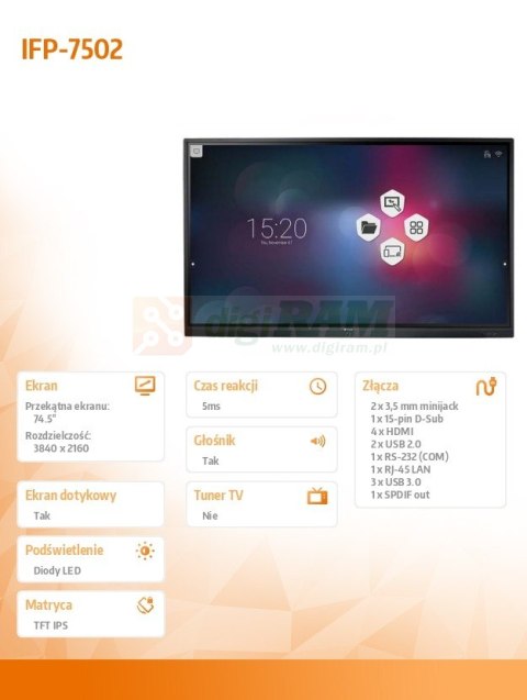 Monitor wielkoformatowy 74.5 cala IFP-7502 4K Monitor wielkoformatowy 74.5 cala IFP-7502 4K