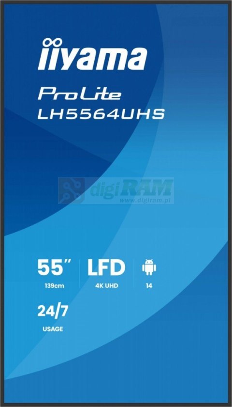 Monitor 55 cali LH5564UHS-B1AG, 24/7,VA,ANDROID14,4K,500cd,5000:1, 2xHDMI ,USB-C,RJ45, RS-232c, IR, 2x10W, 2xUSB, UCHWYT ŚCIE