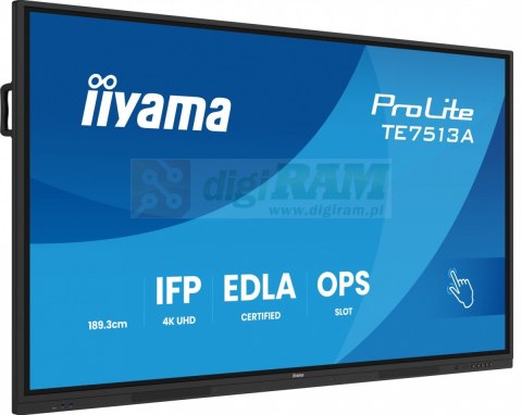 Monitor 75 cali TE7513A-B1AG INFRARED,40pkt,IPS,4K,7H,450cd/m2, WiFi,USB, ANDROID 14, Google EDLA,2x20W, UCHWYT CIENNY