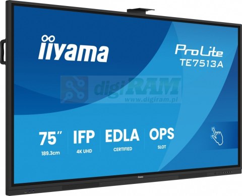 Monitor 75 cali TE7513A-B1AG INFRARED,40pkt,IPS,4K,7H,450cd/m2, WiFi,USB, ANDROID 14, Google EDLA,2x20W, UCHWYT CIENNY