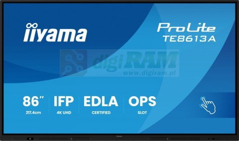 Monitor 86 cali TE8613A-B1AG INFRARED,40pkt,IPS,4K,7H,450cd/m2, WiFi,USB, ANDROID 14, Google EDLA,2x20W, UCHWYT CIENNY