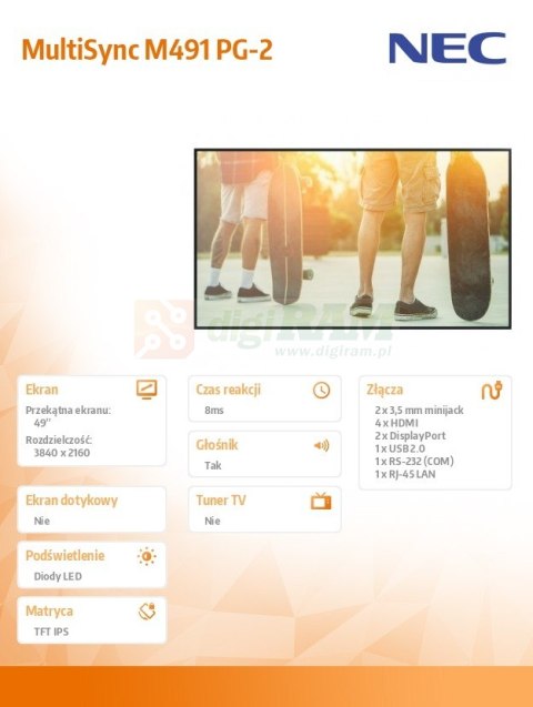 Monitor wielkoformatowy MultiSync M491 PG-2 49 cali UHD 500cd/m2 24/7