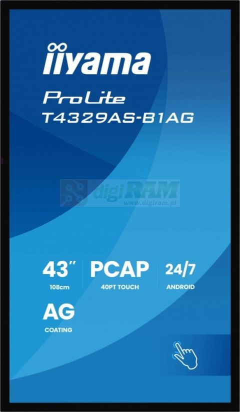 Monitor 43 cale T4329AS-B1AG VA,4K,HDMIx2,USB-C,RJ45,2x10W,WiFi, Android 14, Signal FailOver, Whiteboard, iiSignage (CMS), i