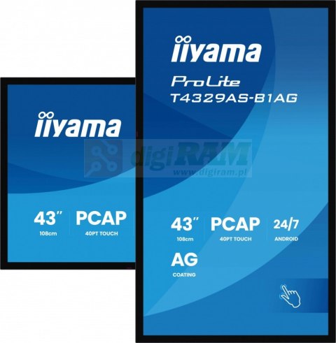 Monitor 43 cale T4329AS-B1AG VA,4K,HDMIx2,USB-C,RJ45,2x10W,WiFi, Android 14, Signal FailOver, Whiteboard, iiSignage (CMS), i