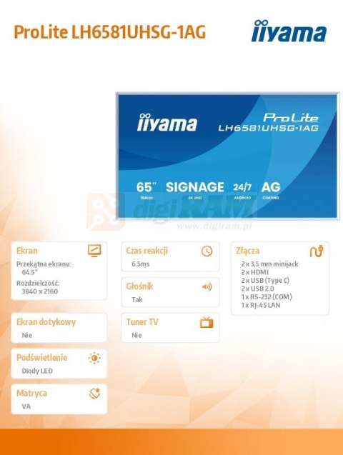 Monitor 65 cali LH6581UHSG-1AG 24/7,VA,ANDROID 14,4K, 2x10W, WiFi, UCHWYT ŚCIENNY, 2xHDMI, USB-C, RJ45, IR, 2xUSB, WHITE