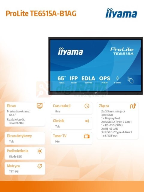 Monitor 65 cali TE6515A-B1AG IPS,4K,40pkt,550cd,DeepContrast-IR+, HDMI x2,DP,USB-C, 2 x 20W, OPS Slot x1, 5xUSB, 2xRJ45,8-Arr