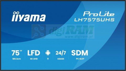 Monitor 75 cali LH7575UHS-B2AG,24/7,IPS,ANDROID.11,4K, WiFi, iiSignage2, FailOver, EShare, 24/7, full daisy chain