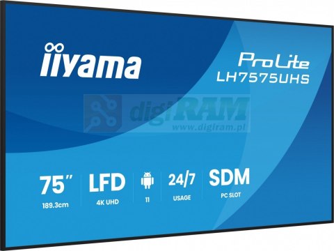 Monitor 75 cali LH7575UHS-B2AG,24/7,IPS,ANDROID.11,4K, WiFi, iiSignage2, FailOver, EShare, 24/7, full daisy chain