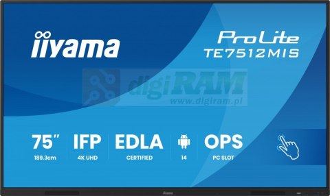 Monitor 75 cali TE7512MIS-B4AG 40pkt,IPS,4K,24/7,7H, ANDROID 14, RK3576, 8/128GB, EDLA, Essential