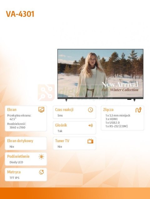 Monitor wielkoformatowy VA-4301 CZARNY 350cd/m2 1200:1 16/7