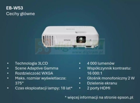 Projektor EB-W53 3LCD/WXGA/4000L/16k:1/HDMI