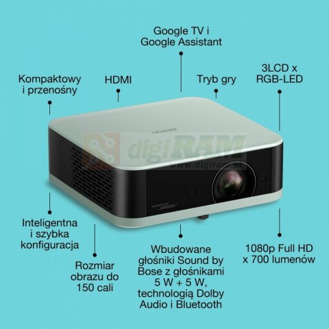 Projektor mini laser EF-61G FHD/700L/5m:1/1.6kg zielony