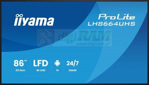 Monitor 86 cali LH8664UHS-B3AG 24/7,IPS,ANDROID 14,4K,2xHDMI,RJ45, 2xUSB,WiF,iUSB-C(DP-Alt),2x16W, iiSignage? (CMS), iiContro