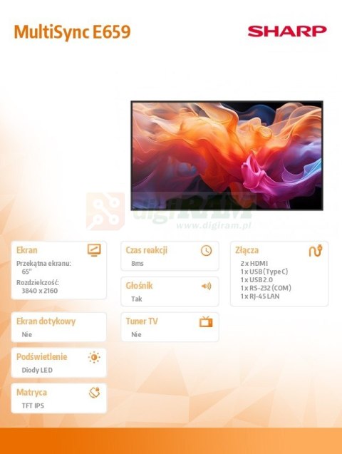 Monitor wielkoformatowy MultiSync E659 65 cali UHD 16/7 350cd/m2