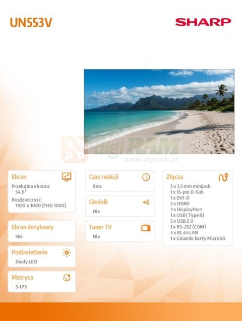 Monitor wielkoformatowy MultiSync UN553V 55 cali 500cd/m2 24/7