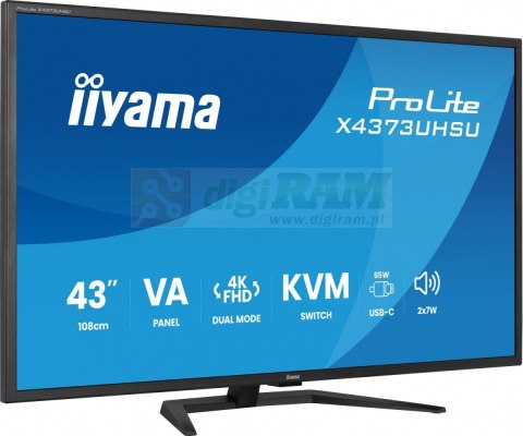 Monitor 43 cale X4373UHSU-B2 4K,VA,2xHDMI,DP,USBCdock (PD95W), 4000:1, USB HUB x4 (2x Type-A, 2x Type-C), KVM, 2 x 7W,450 