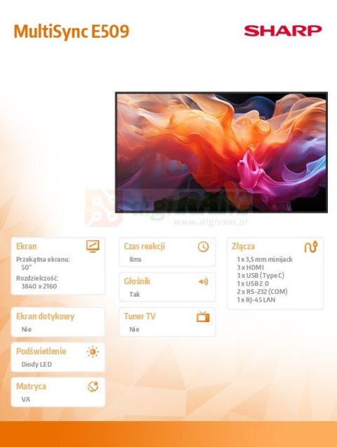 Monitor wielkoformatowy MultiSync E509 50 cali UHD 16/7 350cd/m2