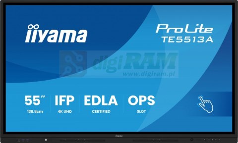 Monitor interaktywny 55 cali TE5513A-B2AG INFRARED,40pkt,IPS,4K,7H,500cd/m2, WiFi,USB, ANDROID 14, Google EDLA,2x20W, UCHWY