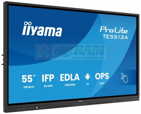 Monitor interaktywny 55 cali TE5513A-B2AG INFRARED,40pkt,IPS,4K,7H,500cd/m2, WiFi,USB, ANDROID 14, Google EDLA,2x20W, UCHWY