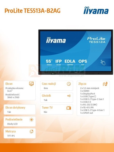Monitor interaktywny 55 cali TE5513A-B2AG INFRARED,40pkt,IPS,4K,7H,500cd/m2, WiFi,USB, ANDROID 14, Google EDLA,2x20W, UCHWY