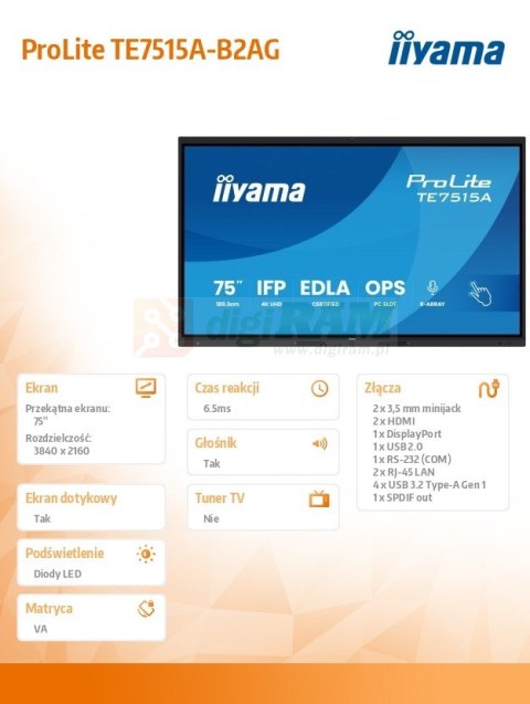Monitor interaktywny 75 cali TE7515A-B2AG, VA,4K,40pkt,550cd,DeepContrast-IR+, HDMI x2,DP,USB-C, 2 x 20W, OPS Slot x1, 5xUSB,