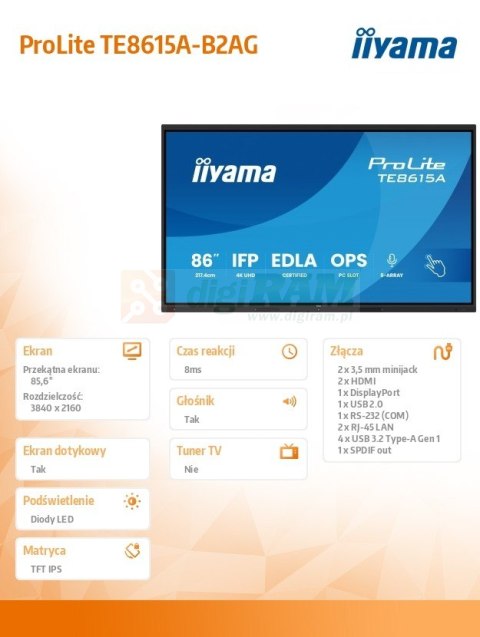 Monitor interaktywny 86 cali TE8615A-B2AG IPS,4K,40pkt,550cd,DeepContrast-IR+, HDMI x2,DP,USB-C, 2 x 20W, OPS Slot x1, 5xUSB,