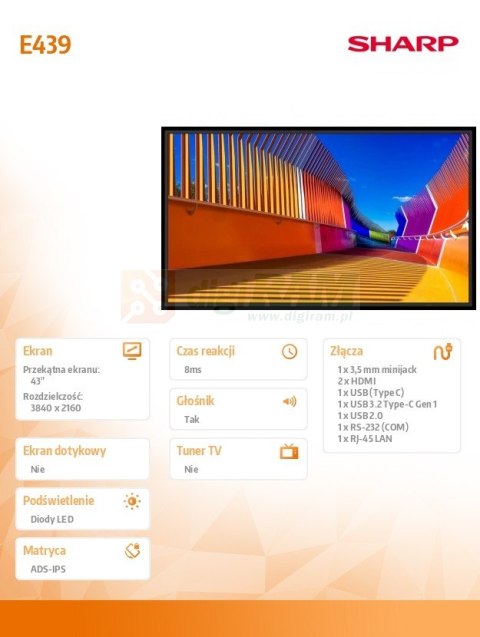 Monitor wielkoformatowy MultiSync E439 43 cale UHD 16/7 350cd/m2