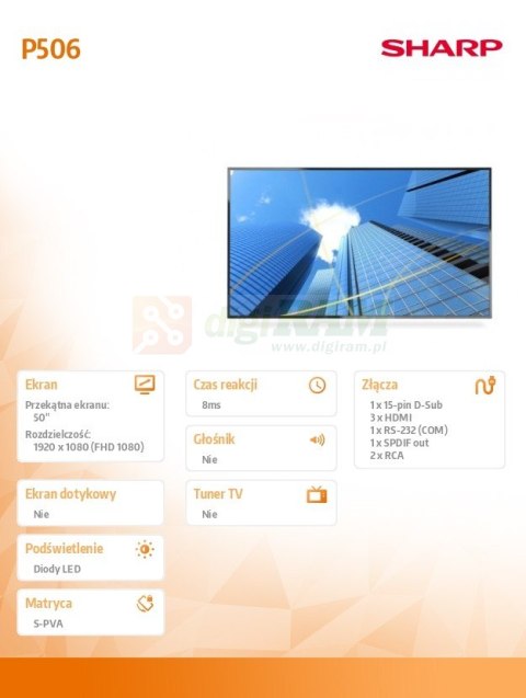 Monitor wielkoformatowy MultiSync P506 50 cali UHD 700cd/m2 24/7