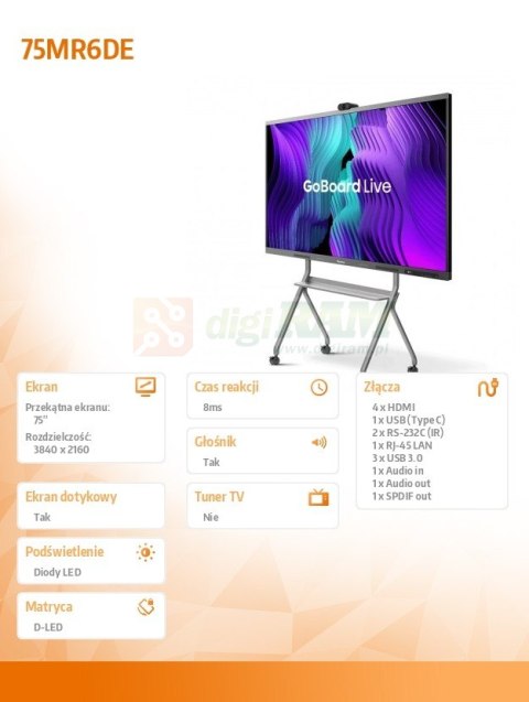 Monitor interaktywny 75MR6DE 75 cali 4K GoBoard Live zaawansowany wyświetlacz interaktywny z wbudowaną kamerą 4K