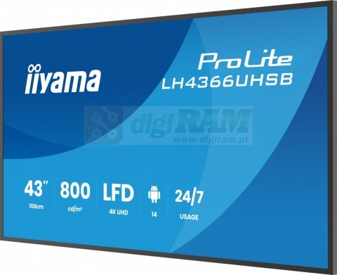 Monitor profesjonalny 43 cale LH4366UHSB-B1AG 4K, VA, A14, 800cd, 4000:1, 6,5ms,2xHDMI, USB-C, RJ45, 2xUSB, 2x10W, WiFi, iiSign