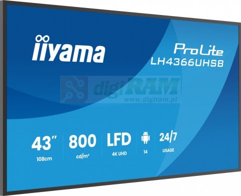 Monitor profesjonalny 43 cale LH4366UHSB-B1AG 4K, VA, A14, 800cd, 4000:1, 6,5ms,2xHDMI, USB-C, RJ45, 2xUSB, 2x10W, WiFi, iiSign