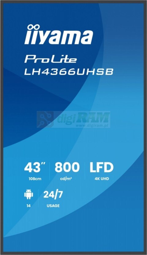 Monitor profesjonalny 43 cale LH4366UHSB-B1AG 4K, VA, A14, 800cd, 4000:1, 6,5ms,2xHDMI, USB-C, RJ45, 2xUSB, 2x10W, WiFi, iiSign