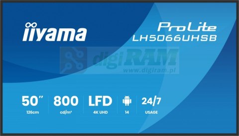 Monitor profesjonalny 50 cali LH5066UHSB-B1AG IPS,4k,800cd,1200:1,Android14,6.5ms ,2xHDMI, USB-C, RJ45, 2xUSB, 2x10W, WiFi, ii