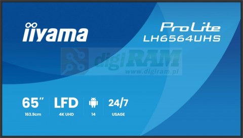 Monitor profesjonalny 65 cali LH6566UHSB-B1AG 4K, VA, A14, 800cd, 5000:1, 6,5ms, 2xHDMI, USB-C, RJ45, 2xUSB, 2x10W, WiFi, iiS